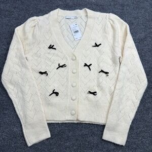 Lush Women's Cream Pointelle Knit‎ Cropped Cardigan Black Bow Detail Size M NWT